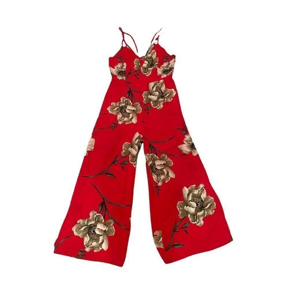 Forever 21 Magnolia Print Red Strappy Wide Leg Jumpsuit Size Medium - Picture 3 of 14